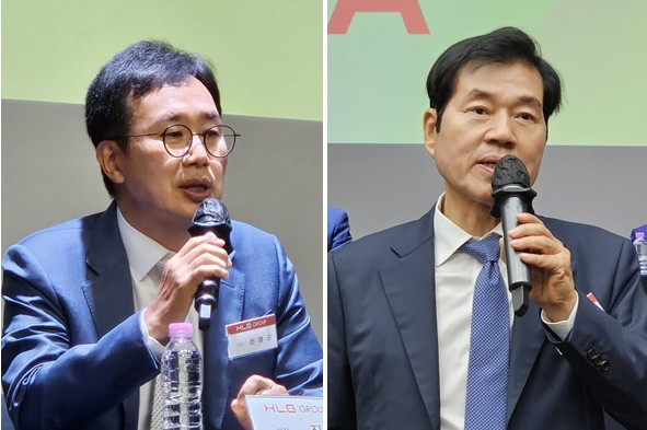 ▲진양곤 HLB그룹 의장(왼쪽)과 김태한 HLB그룹 바이오부문 총괄회장이 15일 서울 여의도에서 열린 ‘2026 HLB Group IR Day’에서 청중의 질문에 답하고 있다. (사진제공=HLB)