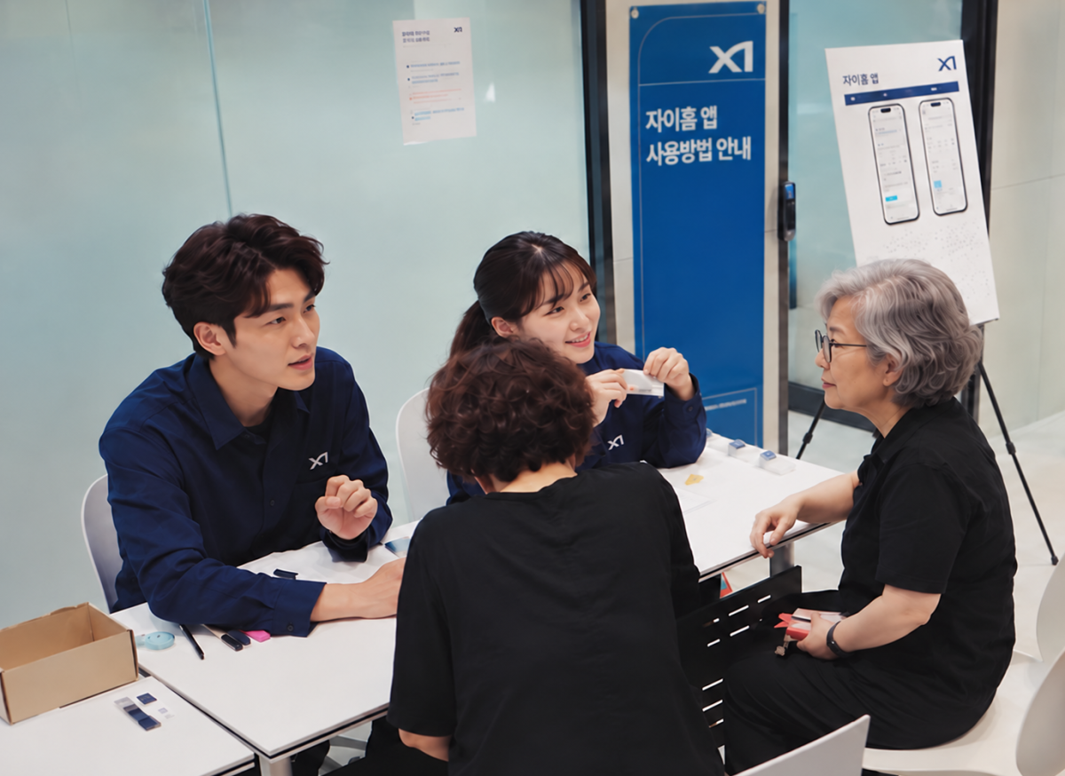 ▲‘자이 시니어 온보딩’ 행사를 통해 입주민에게 자이홈 활용법을 설명하고 있는 사진 (사진제공=GS건설)