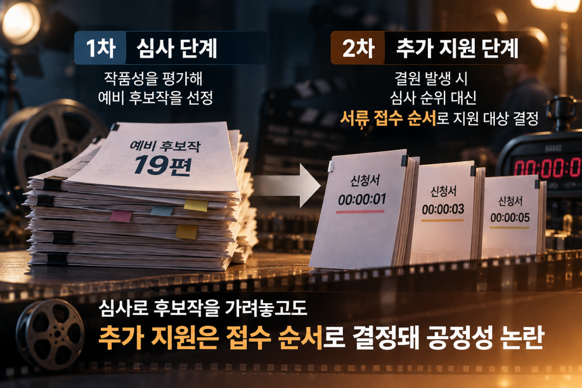 ▲영화진흥위원회 중예산 한국영화 제작지원 사업에서 예비 후보작 심사 이후 추가 지원 대상을 서류 접수 순서로 결정하는 방식을 나타낸 인포그래픽. (사진=AI 생성)