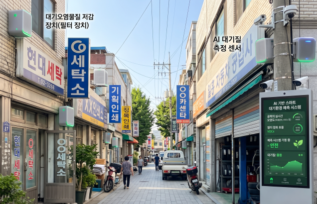 ▲골목 상권 내 스마트 대기오염물질 관리 체계 적용 예상도. (제미나이·정용욱 기자 dragon@)