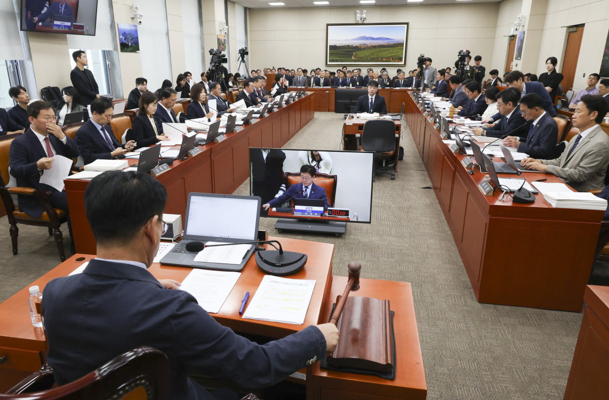▲김정호 국회 기후에너지환경노동위원회 위원장이 19일 오전 서울 여의도 국회에서 열린 기후에너지환경노동위원회 국정감사에 의사봉을 두드리고 있다. 사진=뉴시스