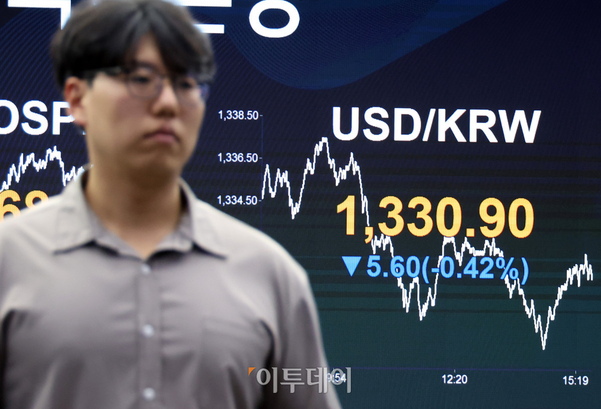 ▲19일 서울 여의도 KB국민은행 딜링룸이 분주한 모습이다. 이날 코스피 지수는 전 거래일보다 99.96포인트(1.76%) 오른 5768.01, 코스닥 지수는 전 거래일보다 14.11포인트(1.78%) 상승한 808.89에 거래를 마감했다. 원·달러 환율은 주간 거래 종가(15시30분) 기준 전일 대비 1.1원 내린 1330.3원으로 주간 거래 종가 기준 지난 2024년 10월 2일(1319.3원) 이후 2년여 만의 최저치를 기록했다. 고이란 기자 photoeran@