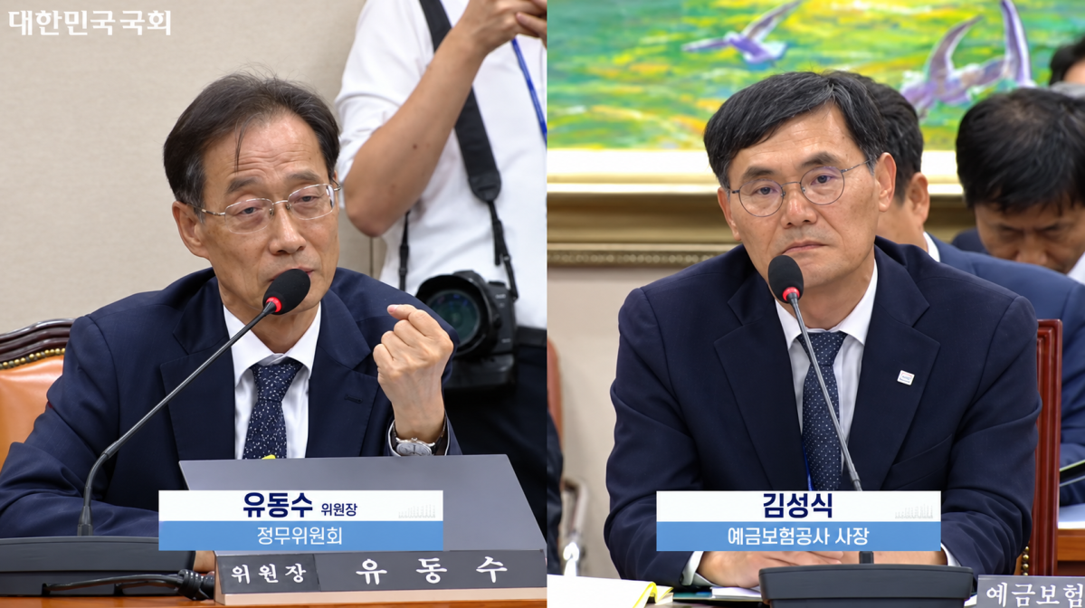 ▲19일 국회 정무위원회 국정감사에서 유동수 정무위원장(왼쪽)이 김성식 예금보험공사 사장에게 질의하고 있다. (사진=국회방송)