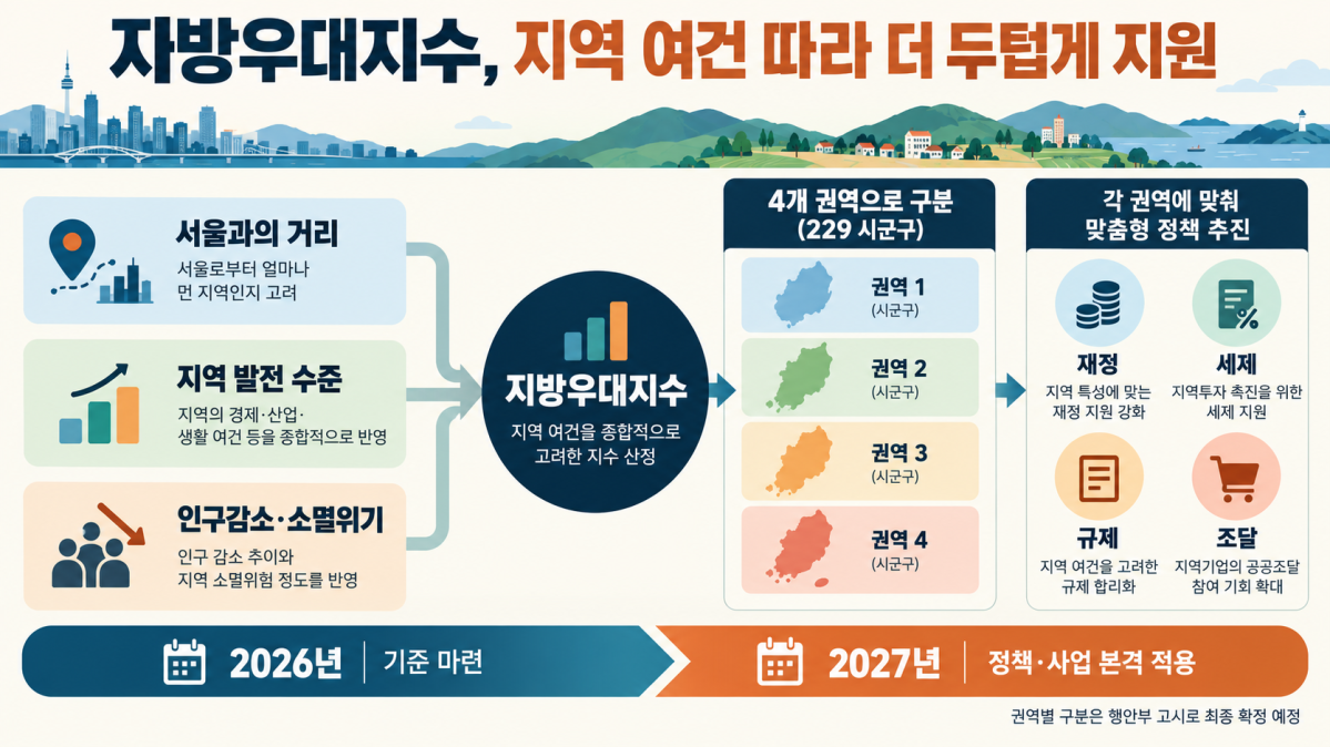 ▲지방우대지수의 산정 요소, 229개 시군구의 4개 권역 구분, 정책 적용 분야와 일정 인포그래픽 (행정안전부)