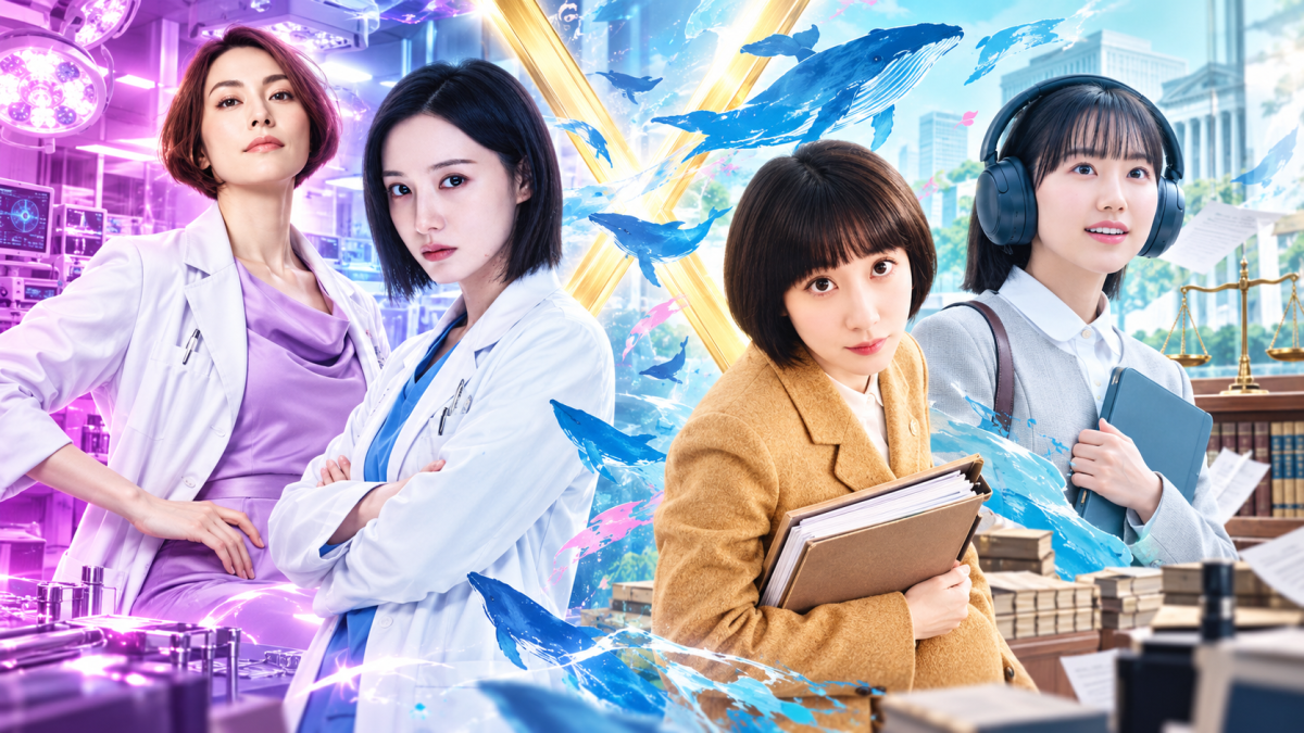 ▲‘닥터X: 하얀 마피아의 시대’, 닥터X: 외과의 다이몬 미치코’, ‘이상한 변호사 우영우’, ‘미나미다 미나미 변호사는 천재기질’ 포스터 (출처=사진AI 생성)