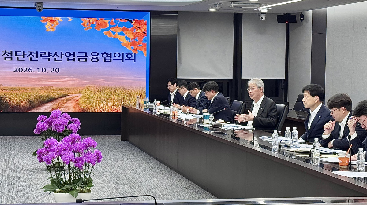 ▲우리금융그룹이 20일 서울 중구 본사에서 임종룡 회장 주재로 ‘10월 첨단전략산업금융협의회’를 진행하고 있다. 임 회장은 지난 1년간의 생산적·포용금융 성과를 점검하고, 앞으로는 자금 공급 규모뿐 아니라 중소기업·지방 기업에 대한 지원 비중을 높이고 성장과 건전성의 균형을 유지할 것을 강조했다. (사진제공=우리금융)