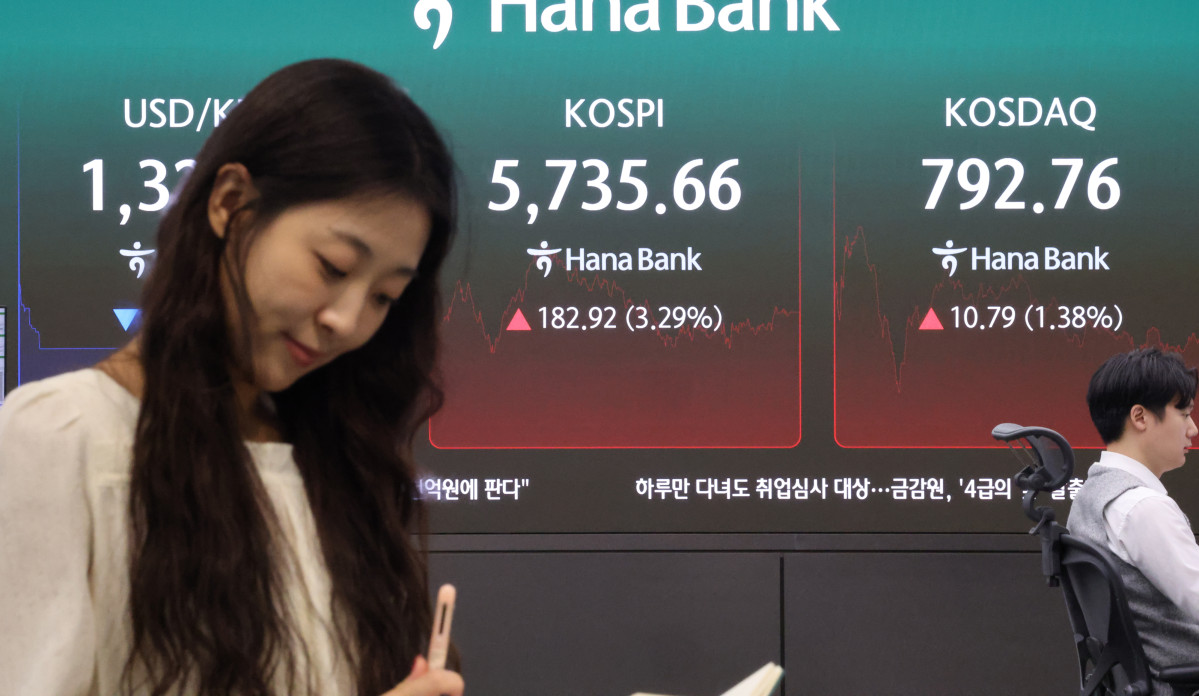 ▲<YONHAP PHOTO-5571> 코스피 3.3% 급등한 5,735 마감    (서울=연합뉴스) 이진욱 기자 = 21일 서울 중구 하나은행 본점 딜링룸 현황판에 코스피 등이 표시되고 있다. 이날 코스피는 3%대 급등한 채 정규장 거래를 마감했다. 전장보다 182.92포인트(3.29%) 오른 5,735.66으로 장을 마쳤다. 2026.10.21    cityboy@yna.co.kr/2026-10-21 15:42:25/<저작권자 ⓒ 1980-2026 ㈜연합뉴스. 무단 전재 재배포 금지, AI 학습 및 활용 금지>