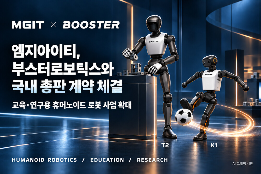 ▲엠지아이티와 부스터로보틱스의 국내 총판 계약 체결을 알리는 그래픽 (부스터로보틱스 T2·K1 제품 이미지를 참고해 AI로 제작한 시안. 엠지아이티 제공)