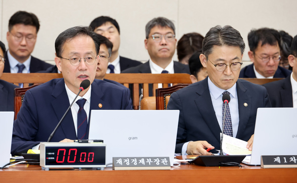 ▲6일 국회에서 열린 재정경제기획위원회 국정감사에서 이형일 부총리 겸 재정경제부 장관이 의원들의 질의에 답변하고 있다. 오른쪽은 권대영 1차관. (연합뉴스)