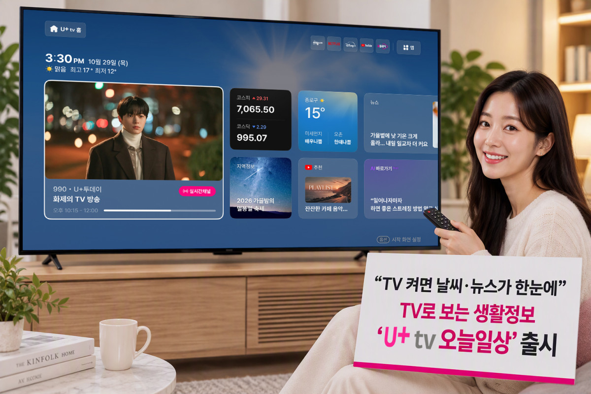 ▲LG유플러스는 고객이 날씨와 뉴스, 금융, 지역정보 등 일상에 필요한 정보를 보다 편리하게 확인할 수 있도록 U+tv 첫 화면을 개편하고, 신규 서비스 ‘U+tv 오늘일상’을 선보인다고 26일 밝혔다. 사진은 고객이 ‘U+tv 오늘일상’ 서비스를 이용하는 모습을 AI로 생성한 이미지. (사진제공=LG유플러스)