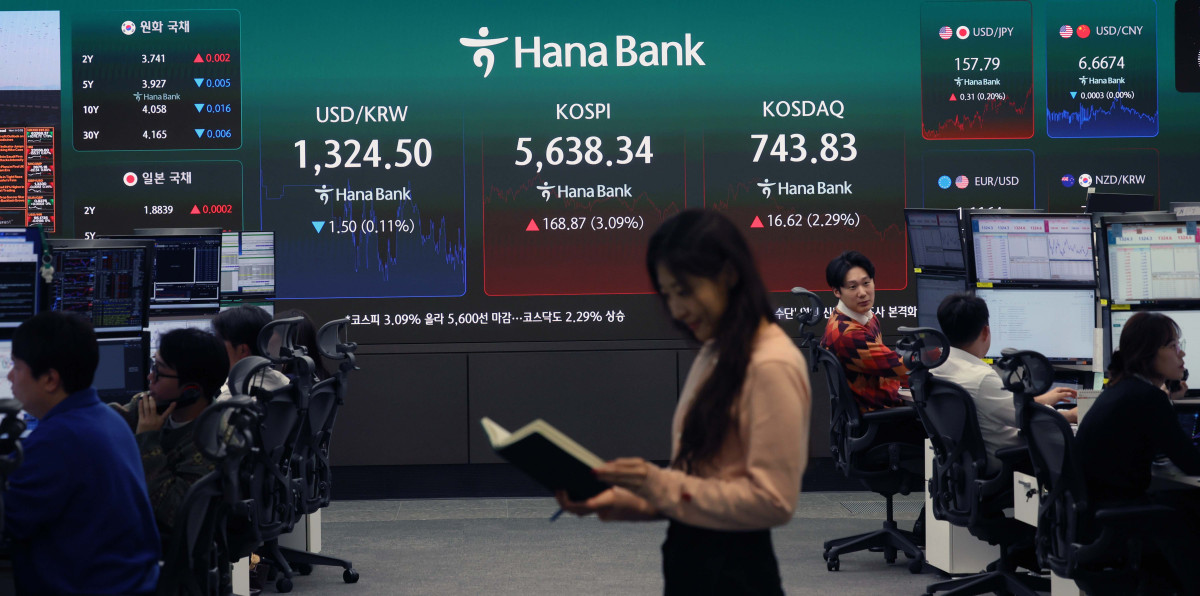 ▲코스피가 3% 넘게 상승하며 5630선에서 거래를 마친 27일 서울 중구 하나은행 본점 모니터에 코스피 등 시황이 표시되고 있다. 이날 코스피는 장중 한때 5737.61까지 치솟았으나 상승 폭을 일부 반납하며 전 거래일보다 168.87포인트(3.09%) 오른 5638.34에 마감했다. SK하이닉스(5.18%)와 삼성전자(4.23%), SK스퀘어(7.67%) 등 반도체 관련주가 강세를 보인 가운데 오전 10시 13분에는 프로그램 매수호가의 효력을 5분간 정지하는 매수 사이드카가 발동되기도 했다. 코스닥도 16.62포인트(2.29%) 오른 743.83에 장을 마쳤고, 원·달러 환율은 전날보다 0.6원 오른 1323.7원을 기록했다. 신태현 기자 holjjak@