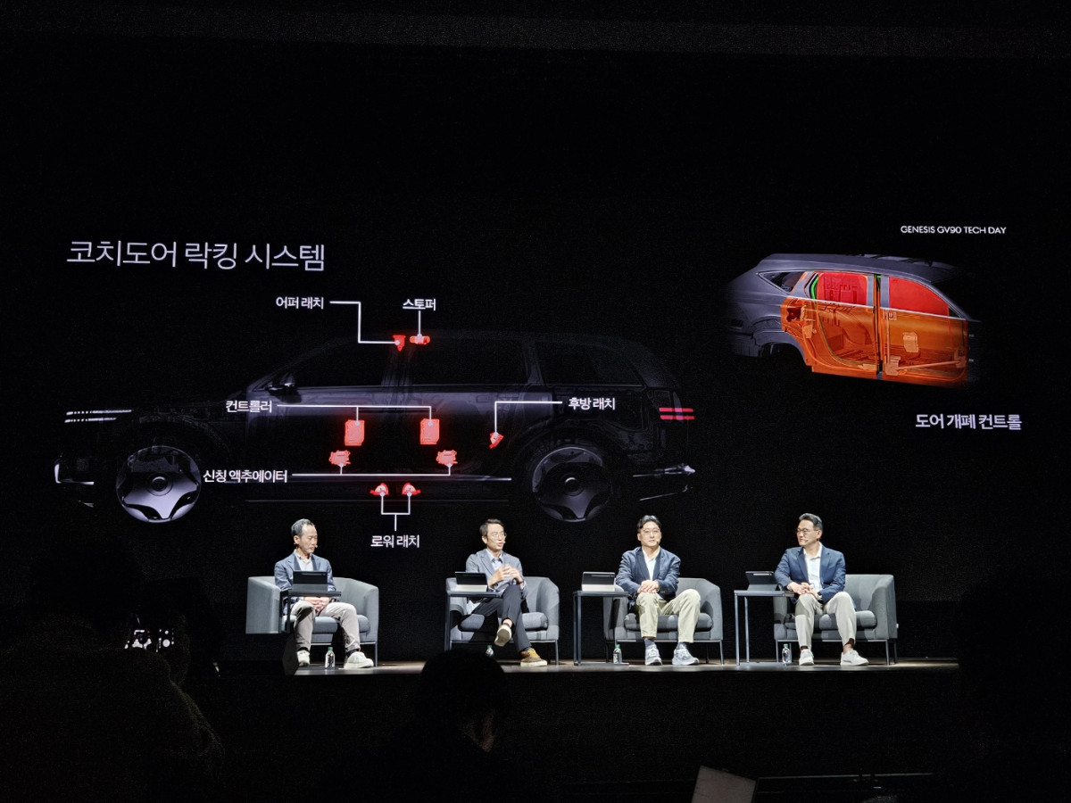 ▲제네시스 GV90 개발진들이 차량에 적용된 기술에 대해 설명하고 있다. (문현호 기자 m2h@)