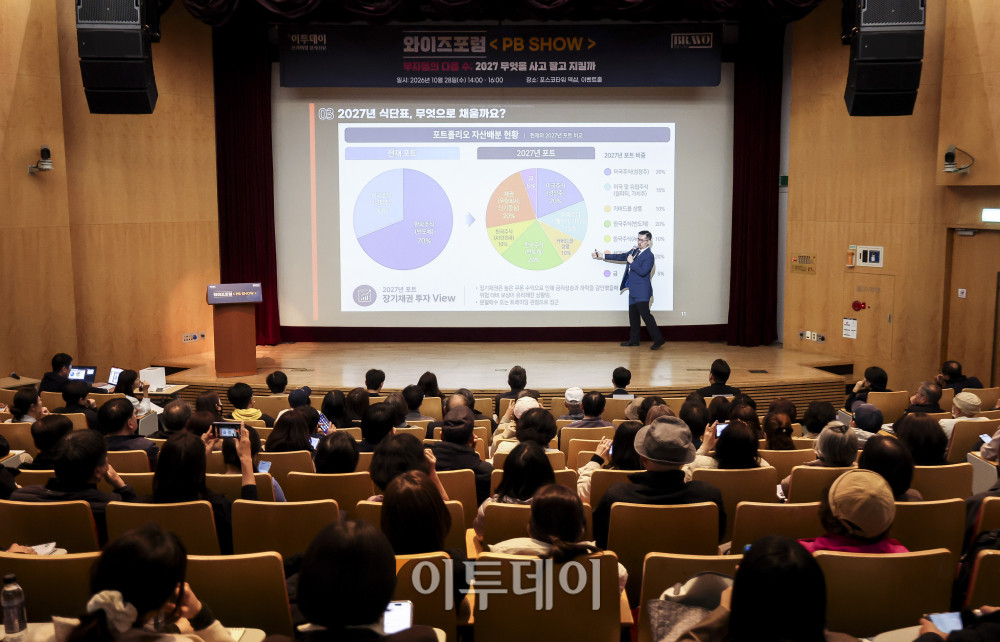 ▲김동민 NH 농협은행 WM 사업부 팀장이 28일 오후 서울 강남구 포스코타워 역삼에서 열린 와이즈포럼 '<PB SHOW> 부자들의 다음 수; 2027 무엇을 사고 팔고 지킬까'에서 '주식·채권 <편식의 유혹>'을 주제로 스피치를 하고 있다. 이투데이는 매달 주요 경제·금융 이슈를 주제로 투자자들의 시장 이해와 합리적인 재무 의사결정을 돕기 위한 '와이즈포럼'을 개최하고 있다. 고성준 기자 joonko1@ (이투데이DB)