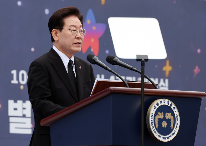 ▲이재명 대통령이 29일 서울 광화문광장에서 열린 이태원참사 4주기 기억식에서 추모사를 하고 있다. 2026.10.29 [청와대통신사진기자단] (연합뉴스)