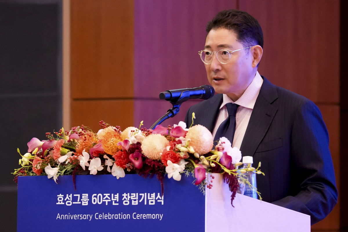 ▲29일 효성 마포본사에서 열린 효성그룹 60주년 창립기념식에서 조현준 효성 회장이 창립기념사를 발표하고 있다. (사진제공=효성)