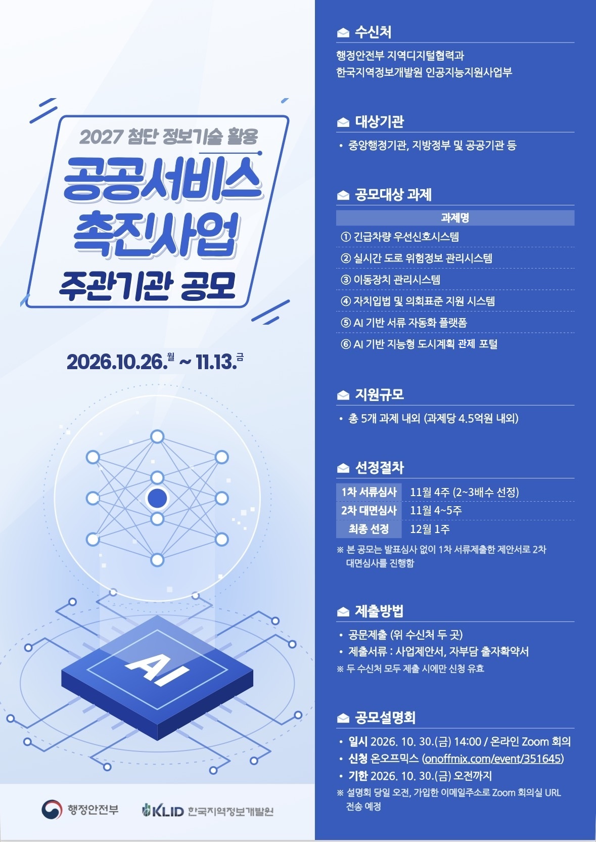 ▲행정안전부와 한국지역정보개발원이 추진하는 '2027년 첨단 정보기술 활용 공공서비스 촉진사업' 주관기관 공모 안내 이미지. (한국지역정보개발원)