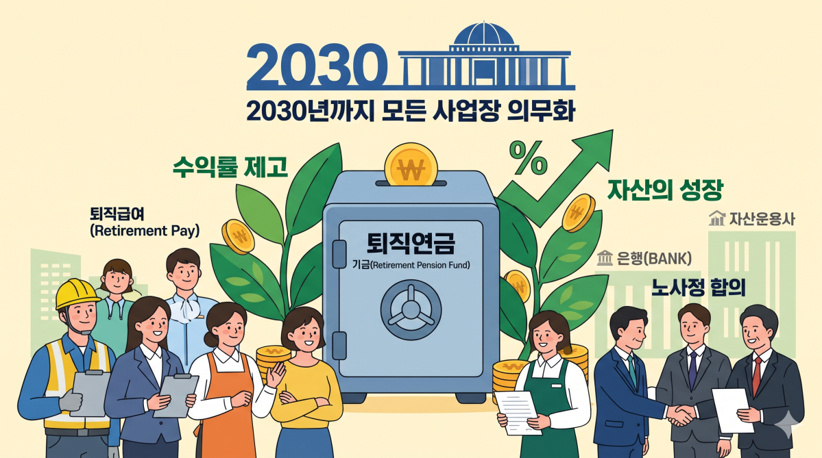 ▲퇴직연금 사외적립 2030년까지 모든 사업장 의무화 (이미지=Gemini AI 생성)