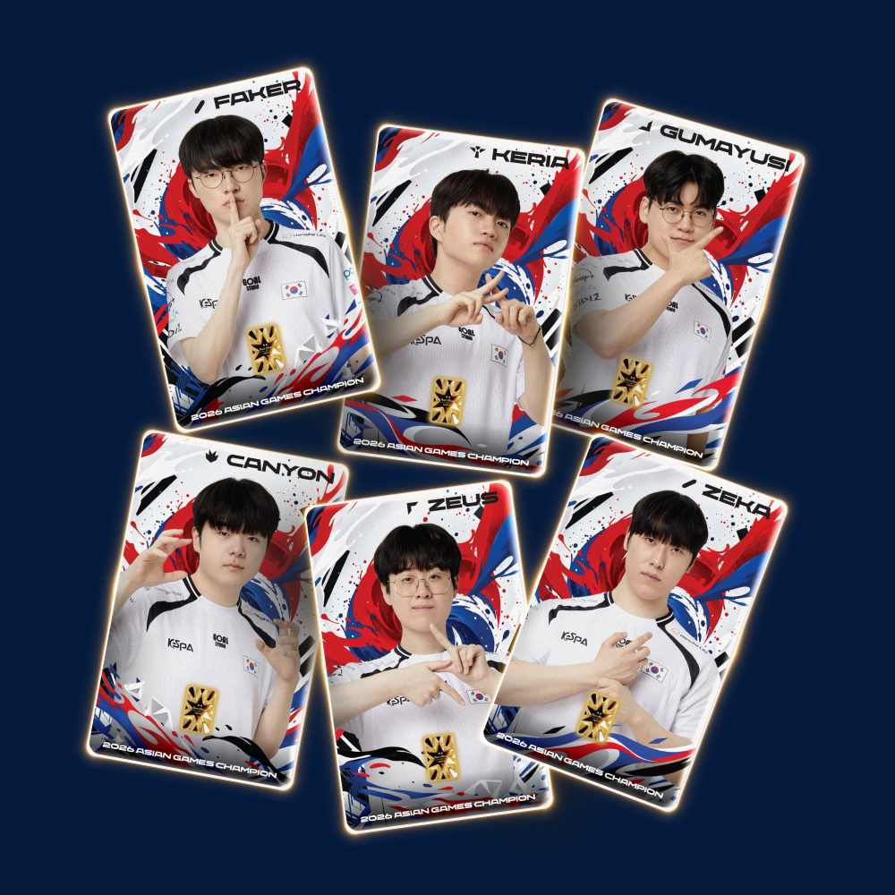 ▲한국조폐공사가 30일 출시한 ‘2026 아시안게임 LoL 금메달 획득 기념 카드형 골드’ 6종. ‘페이커’ 이상혁 등 대한민국 리그 오브 레전드(LoL) 국가대표 선수 6명의 이미지와 닉네임이 담겼다. (사진제공=한국조폐공사)