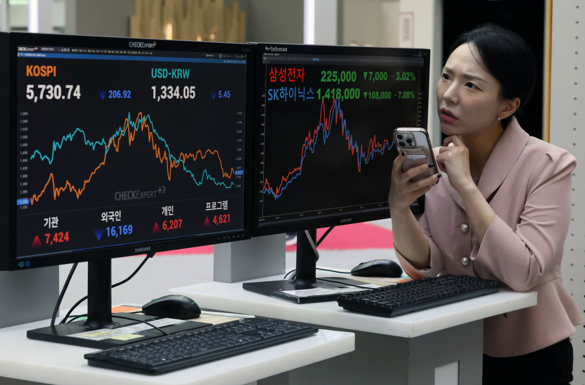 ▲미국 기술주 급락 여파로 코스피가 3%대 하락 마감한 30일 서울 여의도 한국거래소 시세게시판에 시황이 표시되고 있다. 오전 한때 매도 사이드카가 발동되기도 한 이날 코스피는 전장보다 206.92포인트(3.48%) 내린 5730.74로 거래를 마쳤다. 코스닥은 전거래일보다 28.85포인트(3.83%) 내린 724.38로 장을 마감했다. 신태현 기자 holjjak@