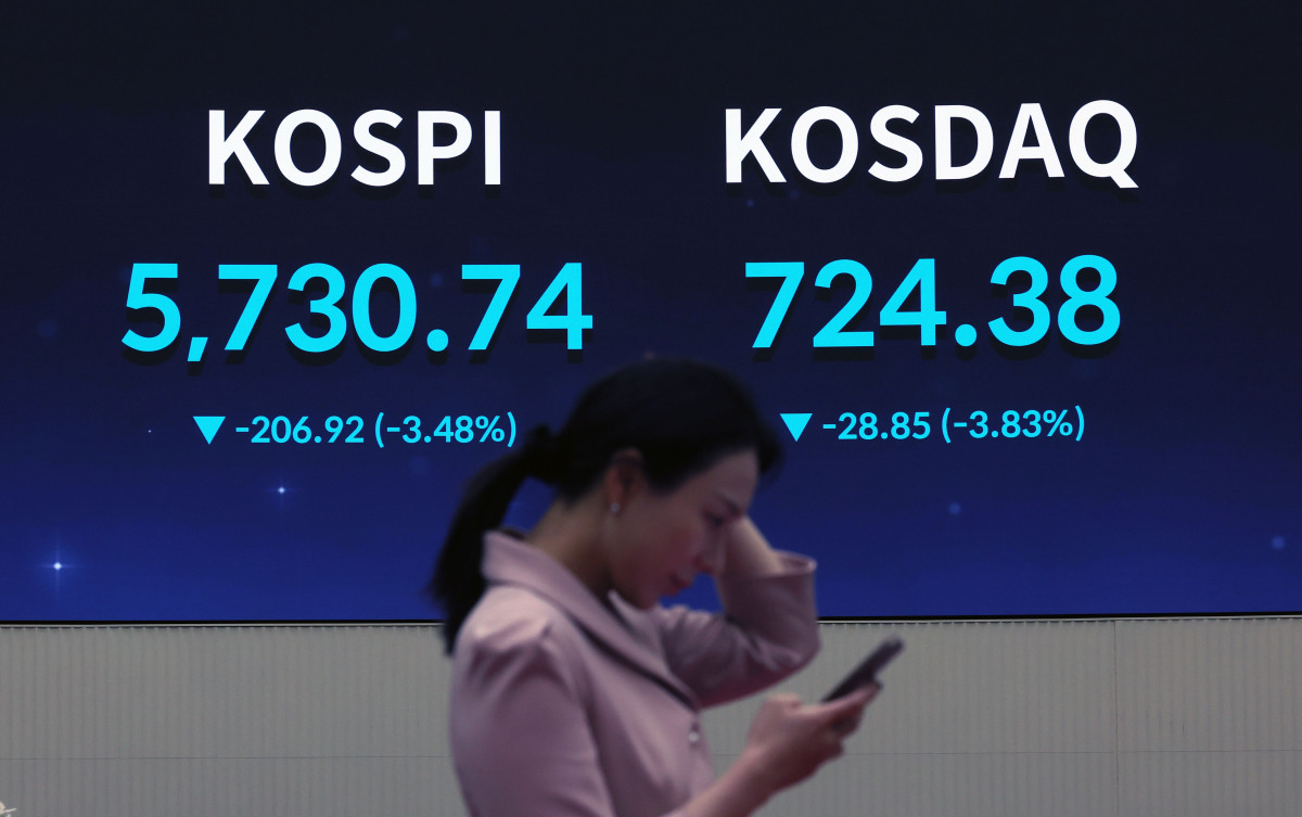 ▲미국 기술주 급락 여파로 코스피가 3%대 하락 마감한 30일 서울 여의도 한국거래소 시세게시판에 시황이 표시되고 있다. 오전 한때 매도 사이드카가 발동되기도 한 이날 코스피는 전장보다 206.92포인트(3.48%) 내린 5730.74로 거래를 마쳤다. 코스닥은 전거래일보다 28.85포인트(3.83%) 내린 724.38로 장을 마감했다. 신태현 기자 holjjak@