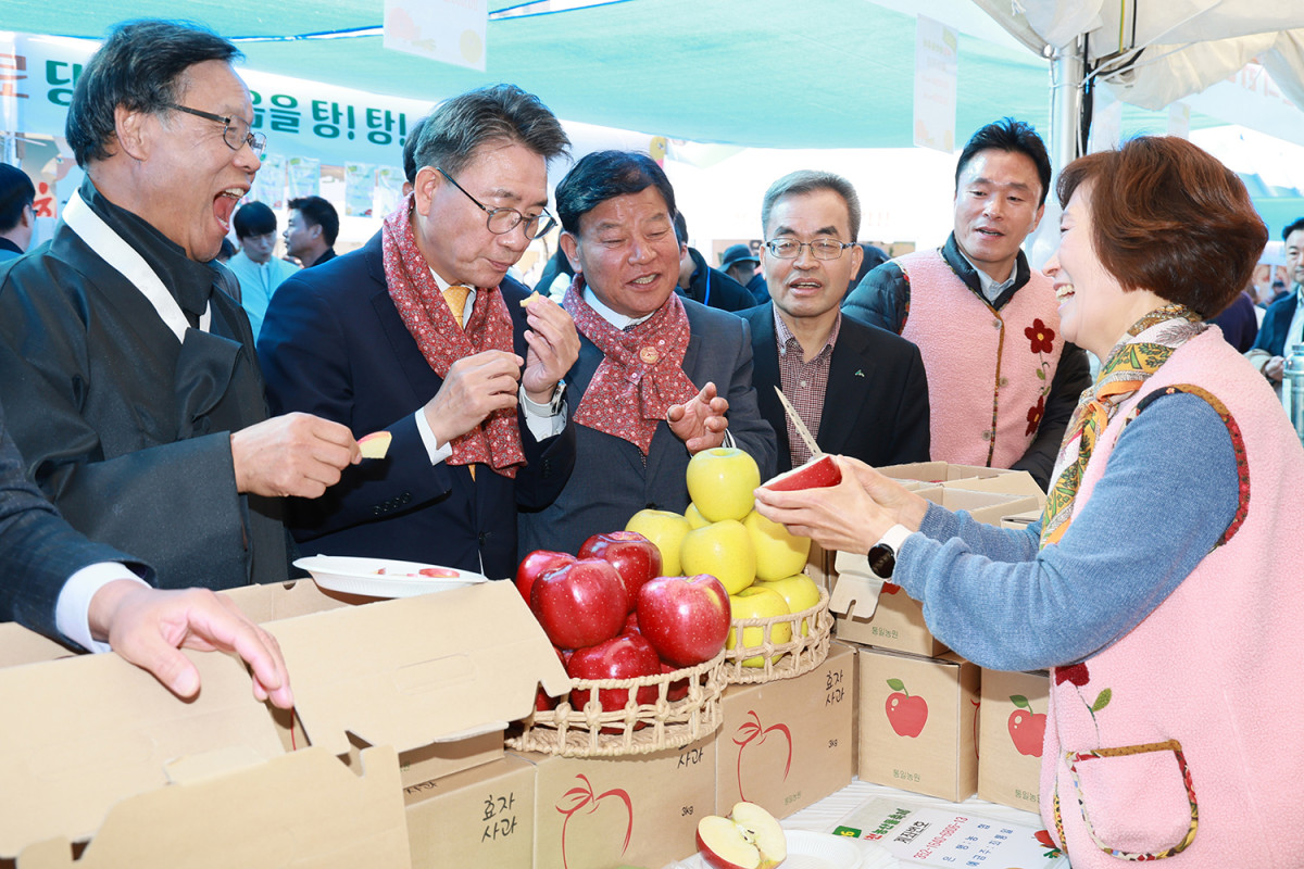 ▲안병윤 예천군수와 관계자들이 1일 예천농산물축제 부스에서 판매하는 예천사과를 맛보고 있다. (예천군)
