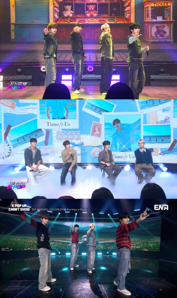 ▲TIOT(티아이오티)(사진출처= 아리랑TV ‘SHOW K-POP’, ENA ‘케이팝업 차트쇼’ 방송 캡처)